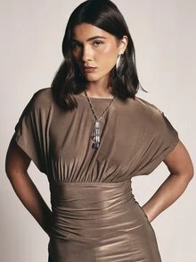 KSTM Áo blouse tay cánh dơi ngắn, eo nhún xếp ly ánh kim, đường nối ngực cao co giãn và chi tiết gấu nhún chun - xanh quân đội - Xem 4