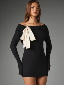 MISSGUIDED Off-Shoulder Long Sleeve Bodycon Mini Dress With Contrast Cream Bow Tie Detail Knit Party Date Night Holiday - Black - View 1