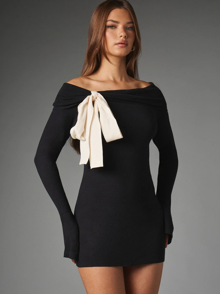 MISSGUIDED Off-Shoulder Long Sleeve Bodycon Mini Dress With Contrast Cream Bow Tie Detail Knit Party Date Night Holiday - Black - View 1