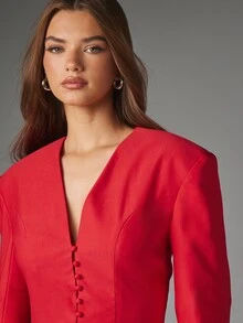 MISSGUIDED Structured Collarless Blazer With Bell Sleeves Button Front Closure Deep V Neckline Tailored Fitted Silhouette Hip Length Jacket For Fall Winter - Red - View 6