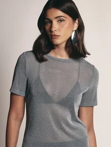KSTM Sheer Glitter Rhinestone Embellished Crew Neck Short Sleeve Mesh T-Shirt Top Party Night Out Festival Holiday Season - Light Grey - View 4