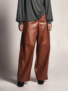 KSTM Faux Leather Wide Leg Trousers With Side Snap Button Detail Full Length High Waist Palazzo Style Fall Winter Rust Brown - Brown - View 4