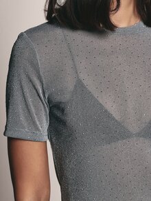 KSTM Sheer Glitter Rhinestone Embellished Crew Neck Short Sleeve Mesh T-Shirt Top Party Night Out Festival Holiday Season - Light Grey - View 6
