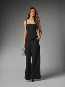 MISSGUIDED Square Neck Rhinestone Trim Sleeveless Corset Top With Boning Panels For Evening Party Night Out Holiday Season - Black - View 3