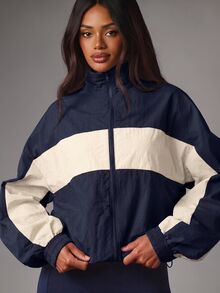MISSGUIDED Color Block Full Zip Mock Neck Oversized Cropped Jacket With Elasticated Cuffs And Drawstring Hem Autumn Winter Essential - Navy Blue - View 4