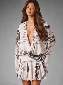MISSGUIDED Zebra Print Plunge Neckline Mini Dress With Bell Sleeves Fit And Flare Ruffle Hem Elastic Waist Chiffon Summer Party Dress - Multicolor - View 5