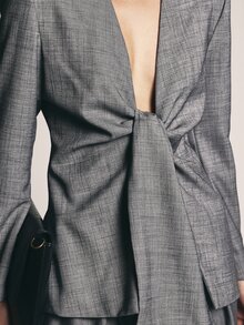KSTM Deep V-Neck Collarless Blazer With Front Knot Tie Detail Structured Shoulders Fitted Silhouette Suiting Jacket Fall Winter Office - Grey - View 5