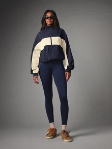 MISSGUIDED Color Block Full Zip Mock Neck Oversized Cropped Jacket With Elasticated Cuffs And Drawstring Hem Autumn Winter Essential - Navy Blue - View 3