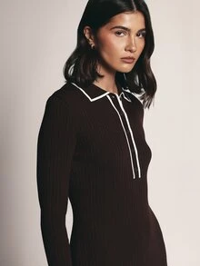 KSTM Ribbed Knit Polo Collar Bodycon Midi Dress With Contrast White Tipping Long Sleeve Button Detail Autumn Winter - Coffee Brown - View 4