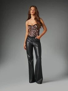 MISSGUIDED Fawn Spot Print Lace Trim Sweetheart Corset Top With Spaghetti Straps And Lace-Up Back Detail For Night Out Party Season - Brown - View 3