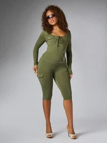 BABYPHAT FOLDOVER WAIST CARGO CAPRI LEGGINGS - Army Green - View 4