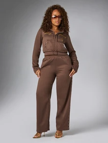 BABYPHAT Full-Zip Crop Sweatshirt With Gold Script Logo Print Rhinestone Detail Side Pockets Long Sleeve Casual Fall Winter Top - Coffee Brown - View 3