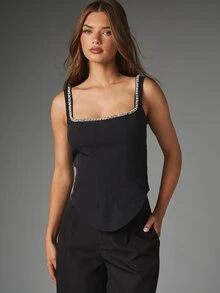 MISSGUIDED Square Neck Rhinestone Trim Sleeveless Corset Top With Boning Panels For Evening Party Night Out Holiday Season - Black - View 1
