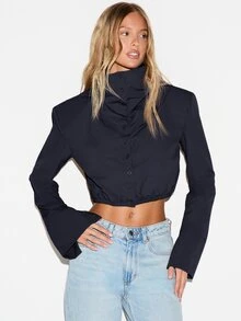 KIZN Boxy Fit Cropped Button-Down Shirt With High Ruffle Neck Structured Shoulders Flared Bell Sleeves And Elasticated Hem - Navy Blue - View 1