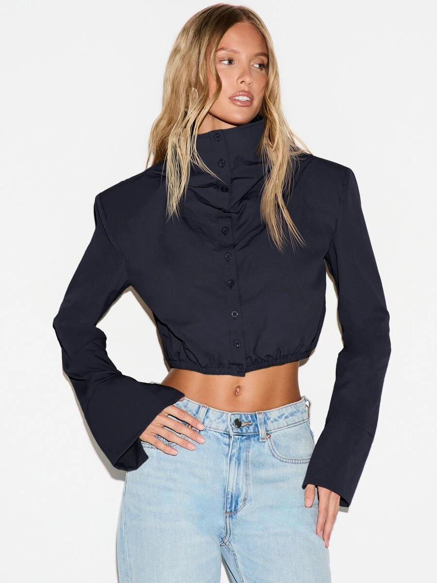 KIZN Boxy Fit Cropped Button-Down Shirt With High Ruffle Neck Structured Shoulders Flared Bell Sleeves And Elasticated Hem - Navy Blue - View 1