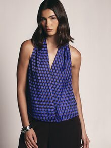 KSTM Cobalt Polka Dot Halter Neck Blouse Sleeveless Draped V-Neck Open Back Top Summer Party Evening Occasion - Blue - View 1