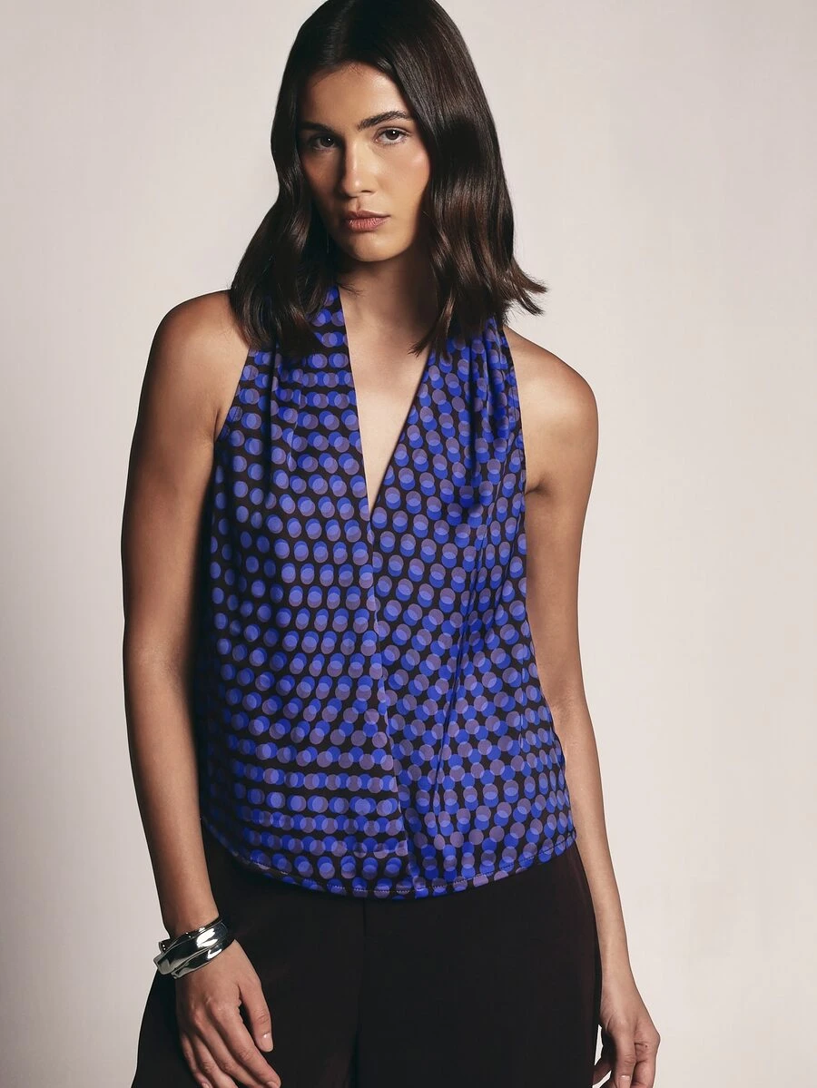 KSTM Cobalt Polka Dot Halter Neck Blouse Sleeveless Draped V-Neck Open Back Top Summer Party Evening Occasion - Blue - View 1