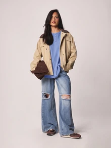 MISSGUIDED Oversized Long Sleeve Henley Top With Button Placket Drop Shoulder Relaxed Fit Casual Pullover Spring Essential - Blue - View 3
