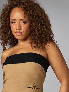 BABYPHAT Color Block Ribbed Knit Bandeau Crop Top Strapless Tube Style With Contrast Band Summer Festival Streetwear - Khaki - View 5