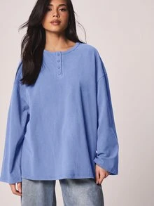 MISSGUIDED Oversized Long Sleeve Henley Top With Button Placket Drop Shoulder Relaxed Fit Casual Pullover Spring Essential - Blue - View 5