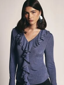 KSTM Ribbed Knit Ruffle V-Neck Blouse With Bell Sleeves And Metallic Shimmer Detail For Fall Winter Party Nights - Blue - View 4