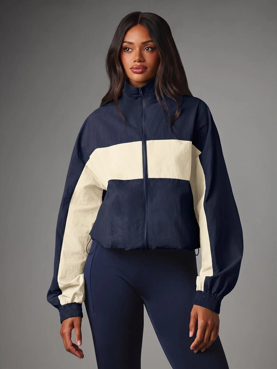 MISSGUIDED Color Block Full Zip Mock Neck Oversized Cropped Jacket With Elasticated Cuffs And Drawstring Hem Autumn Winter Essential - Navy Blue - View 1