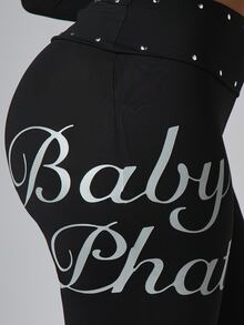 BABYPHAT Script Logo Flare Pants With Rhinestone Waistband Silver Bum Print Full Length Stretch Knit - Black - View 6