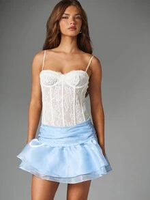 MISSGUIDED Satin Mini Skirt With Ruched Waist And Layered Ruffle Hem Perfect For Party Night Out Date Night And Summer Occasions - Baby Blue - View 5