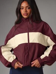 MISSGUIDED Color Block Full Zip Track Jacket With Mock Neck Elasticated Cuffs And Drawstring Hem In Burgundy And Cream - Burgundy - View 4