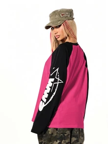 SUMWON WOMEN Oversized Raglan Long Sleeve Top With Graffiti Star Print On Sleeves Color Block Crew Neck Relaxed Fit Casual Tee - Black - View 2