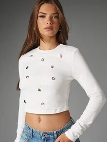 MISSGUIDED Long Sleeve Crop Top With Multicolor Rhinestone Embellishments Crew Neck Fitted Stretch Knit Festival Party Spring Summer Style - White - View 5