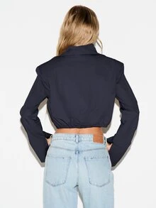 KIZN Boxy Fit Cropped Button-Down Shirt With High Ruffle Neck Structured Shoulders Flared Bell Sleeves And Elasticated Hem - Navy Blue - View 2
