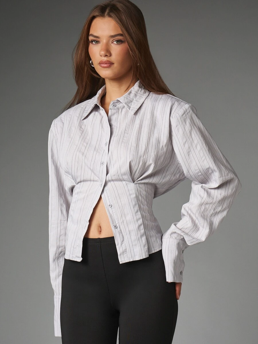 MISSGUIDED Oversized Striped Cropped Button-Front Collared Shirt With Long Sleeves And Fitted Silhouette Perfect For Spring Summer Casual Everyday Styling - Grey - View 1