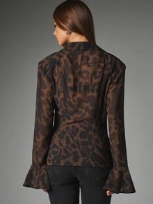 MISSGUIDED Leopard Print Chiffon Button-Up Shirt With Bell Sleeves Collared Neck Slim Fit Semi-Sheer Blouse Fall Winter Party Night Out - Multicolor - View 5