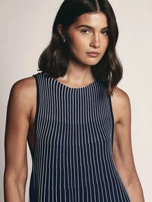KSTM Navy Striped Ribbed Knit Sleeveless Dress Scoop Neck A-Line Flared Hem Summer Holiday Beach Midi Length Vacation Dress - Multicolor - View 4