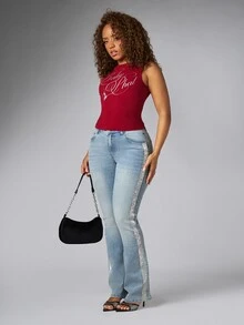 BABYPHAT Script Logo Sleeveless Tank Top High Neck Bodycon Fitted Casual Y2K Retro Summer Night Out Style - Burgundy - View 3
