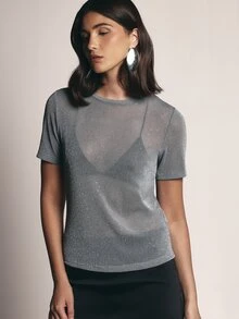 KSTM Sheer Glitter Rhinestone Embellished Crew Neck Short Sleeve Mesh T-Shirt Top Party Night Out Festival Holiday Season - Light Grey - View 1