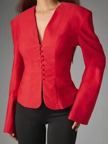 MISSGUIDED Structured Collarless Blazer With Bell Sleeves Button Front Closure Deep V Neckline Tailored Fitted Silhouette Hip Length Jacket For Fall Winter - Red - View 4
