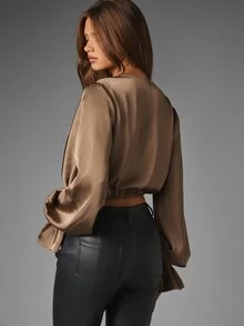 MISSGUIDED Satin Plunge Neck Crop Blouse With Bell Sleeves And Ruched Waist Detail Elegant Party Night Out Top - Chocolate Brown - View 2