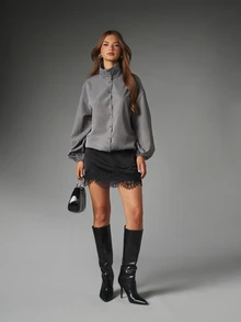 MISSGUIDED Oversized Satin Blouse With High Neck Balloon Sleeves Button Front Closure Elastic Cuffs Elegant Fall Winter Top - Dark Grey - View 3