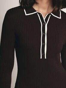 KSTM Ribbed Knit Polo Collar Bodycon Midi Dress With Contrast White Tipping Long Sleeve Button Detail Autumn Winter - Coffee Brown - View 5
