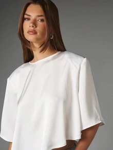MISSGUIDED Asymmetric High-Low Hem Oversized Crew Neck Short Sleeve Boxy Woven Blouse Top Spring Summer Casual Chic - White - View 2