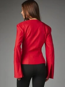 MISSGUIDED Structured Collarless Blazer With Bell Sleeves Button Front Closure Deep V Neckline Tailored Fitted Silhouette Hip Length Jacket For Fall Winter - Red - View 3
