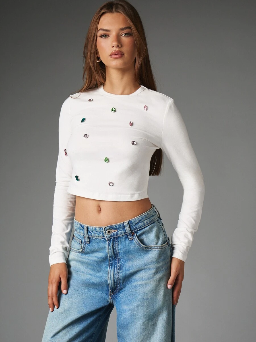 MISSGUIDED Long Sleeve Crop Top With Multicolor Rhinestone Embellishments Crew Neck Fitted Stretch Knit Festival Party Spring Summer Style - White - View 1