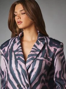 MISSGUIDED Zebra Print Satin Blazer Jacket With Lapel Collar Double Button Closure Welt Pockets And Bold Animal Print For Party Season - Multicolor - View 4