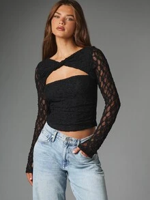 MISSGUIDED Lace Long Sleeve Crop Top With Twist Knot Cut-Out Neckline Ruched Body Sheer Sleeves Party Night Out Spring Summer - Black - View 1