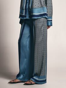 KSTM Satin Wide Leg Trousers With Geometric Scarf Print And Side Pockets Full Length Flowy Palazzo Style Summer Holiday Pants - Multicolor - View 4