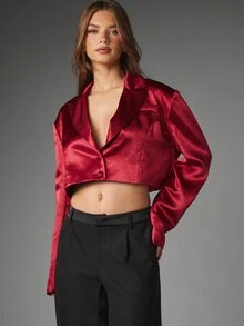 MISSGUIDED Satin Cropped Blazer With Deep V Lapel Collar Long Sleeves Single Button Closure Party Evening Holiday Occasion Jacket - Red - View 1