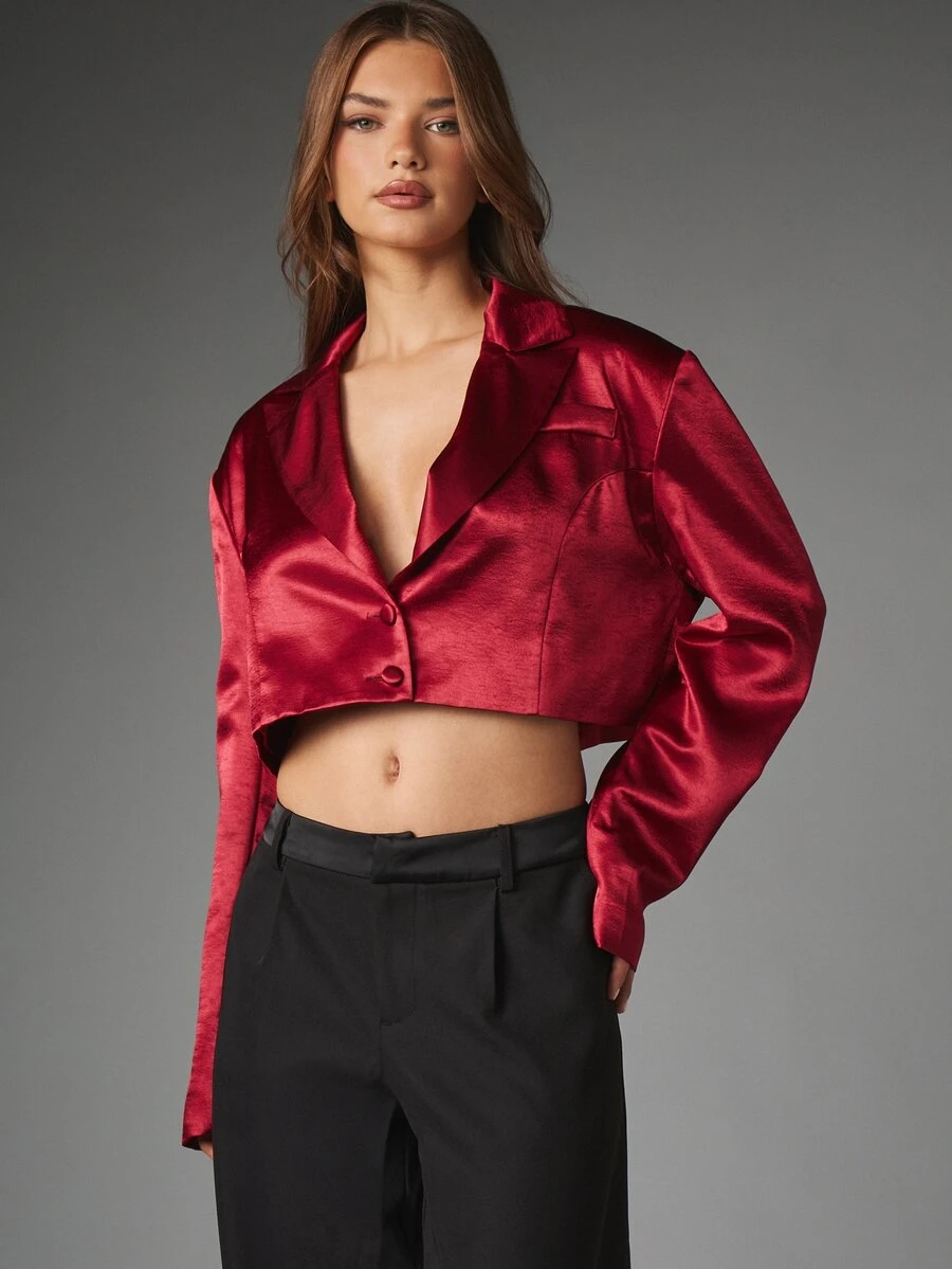 MISSGUIDED Satin Cropped Blazer With Deep V Lapel Collar Long Sleeves Single Button Closure Party Evening Holiday Occasion Jacket - Red - View 1