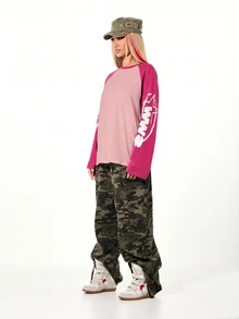 SUMWON WOMEN Oversized Raglan Long Sleeve Top With Contrast Sleeves And Graffiti Star Print, Y2K Color Block Cropped Sweatshirt - Hot Pink - View 5